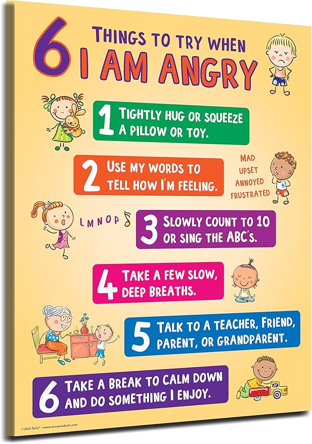 ZOCO – 6 Anger Control Strategies Posters (10-Pack) – Calm Down and Manage Emotions for Toddlers – Classroom Behavior Management for Preschool, Daycare, and Homeschool – Made in USA