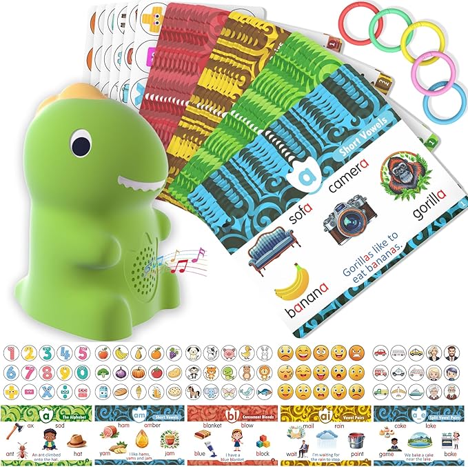 HOMESTEC Talking Phonics Flash Cards with Dino Reader Pen, Learn to Read for Kids Ages 3-6, Ideal for Kindergarten Reading Games, Homeschool, Speech Therapy, and Learning Activities Use