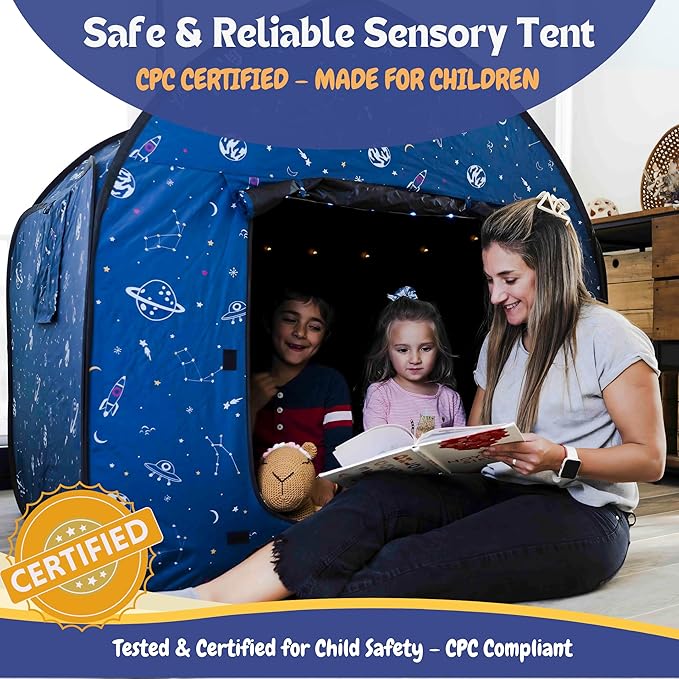 L’ARCHE Sensory Tent for Kids with LED Lights & Remote Blackout Pop-Up Calm Down for Autism, ADHD & SPD Indoor Sensory Room Play Tent Foldable & Portable (Space Theme, Big 47.2 inches)
