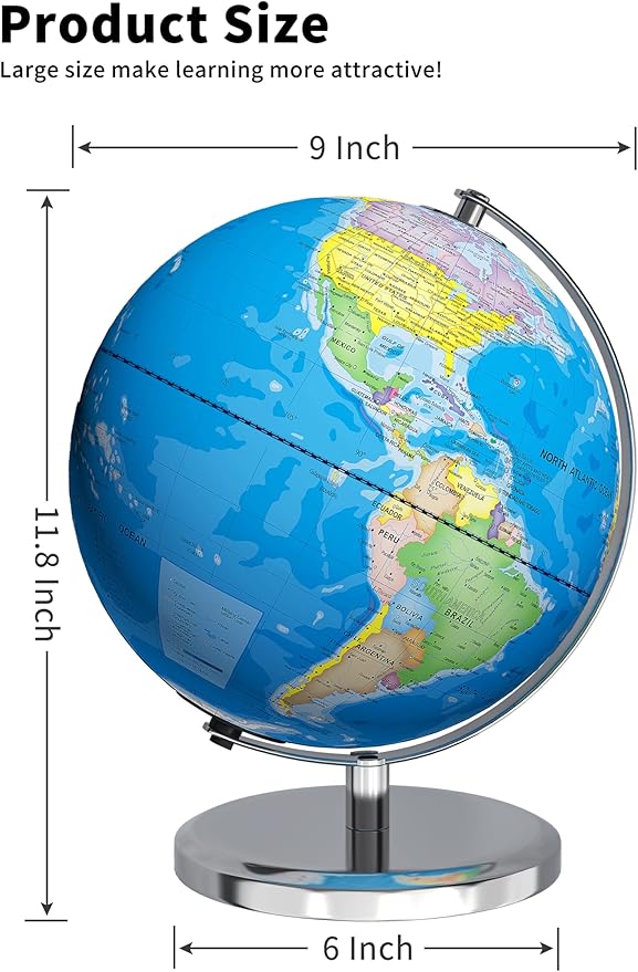 9" Illuminated World Globe with Stand, Educational Globes for Kids Learning, Colorful HD World Map Details, LED Globe Lamp for Living Rooms Decor