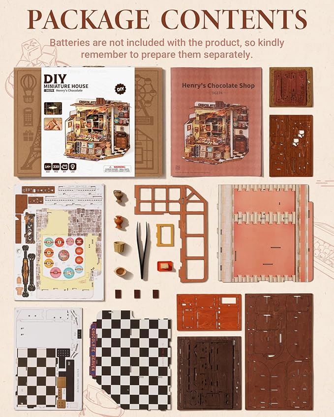ROBOTIME DIY Miniature House Kit, Tiny House Building Kits，Mini Wooden Furniture Kit for Adults, Dollhouse for Birthday Christmas Craft Hobbies Gift（Henry's Chocolate）