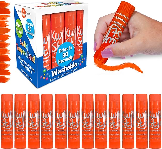 Kwik Stix Solid Tempera Paint Sticks – 12 Pack of Orange – Same Color Washable, Quick Dry (90 Seconds), ASTM Certified, Non-Toxic, Allergen-Free Kids & Toddler Art Supplies for Home, School & Crafts