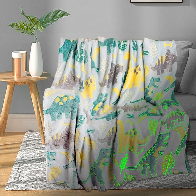 TEHALK Dinosaur Fleece Blanket, 40x60in, Glow in The Dark, Soft Throw Blanket for Boys/Kids, Birthday Gifts
