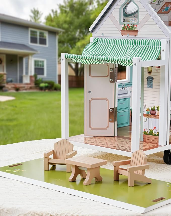 ROBOTIME Doll House, Wooden Dollhouse with Wheels for Girls, Pretend Play RV Set Dollhouse Moveable with 10+Pcs Furniture Accessories, Gift for Kids Ages 3+