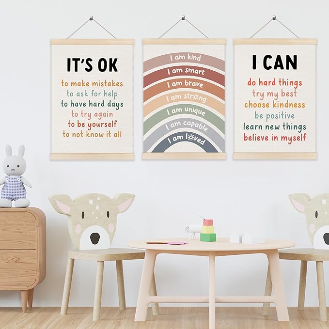Koesus Inspirational Classroom Rainbow Wall Art Poster Hanger Frame 12x16 Inch Set of 3, Positive Affirmations for Kids, Motivational Canvas Prints Framed Wall Decor for Classroom Kids Room Playroom