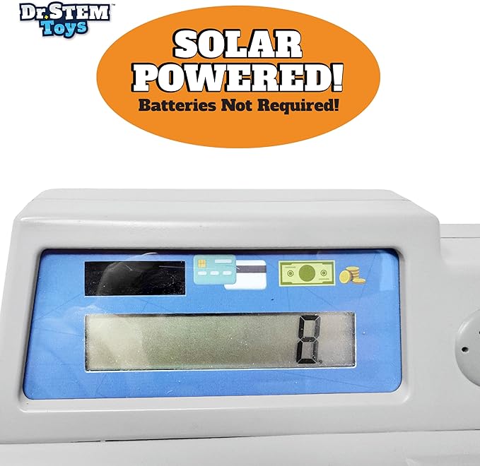 Dr. STEM Toys Solar Powered Calculator Pretend Cash Register with Play Money – 67-Piece Set for Learning Math Skills, STEM Cash Register for Kids (Gray)