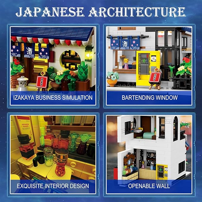 Reobrix Japanese Izakaya Shop Building Blocks 66502, 2 in 1 Creative Street View House Building Kit with Lighting Set, Japanese Architecture Home Office Decor, Ideal Gifts for Boys Girls Adults 14+