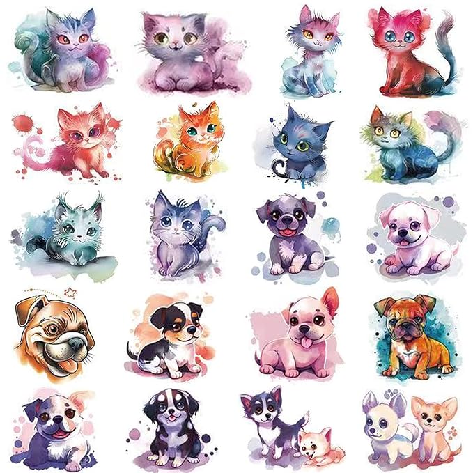 Watercolor Puppy and Kitten Temporary Tattoos for Kids, 10 Sheets Cute Watercolor Dog Cat Pet Tattoos Birthday Party Supplies Gifts Decoration