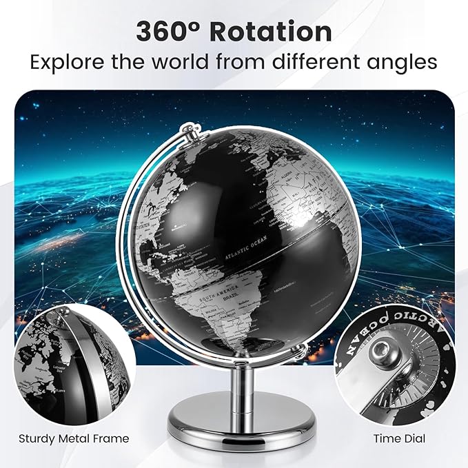 Goplus 8-Inch Metallic Black World Globe, Rotating Earth Globe w/Metal Stand, Educational Learning Teaching Gift, Modern Desktop Decoration for Home, Office (Black + Silver)