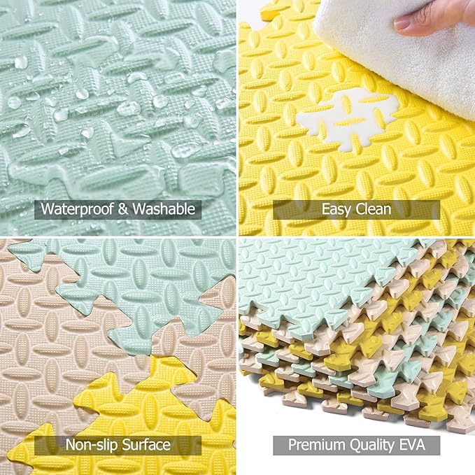 Foam Floor Mats for Kids, 12 x 12 Inch 16 Tiles 0.4" Thickness Foam Play Mat, Non-Toxic Square Interlocking Floor Mats Rubber Baby Play Mat for Toddlers(Beige/Yellow/Bean Green)