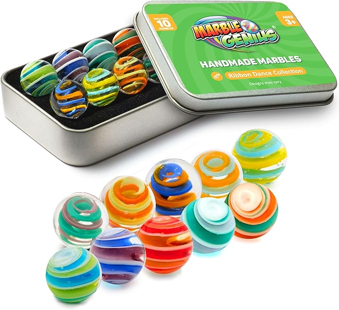 Marble Genius Collectors Marbles, Ribbons, 16mm (⅝ Inch), 10 Handmade Glass Marbles, Gifts for Marble Lovers, Gifts for Kids Ages 3+