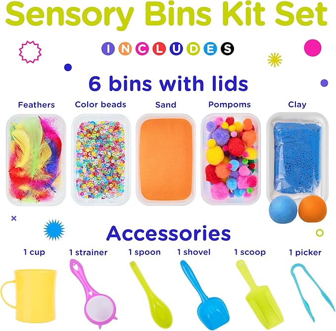 Sensory Kit for Toddlers and Kids - Includes 6 Bins with Lids, Play Tools, Sand, Feathers, Clay, Color Beads and Pom Poms Kids Box Fillers (4 Pack)