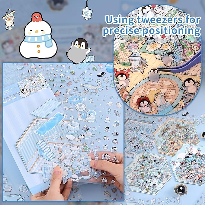 Girls 3D Miniature Scene Stickers, 4 Sets Penguin Holiday DIY House Stickers for Sweet World,Fun Beach,Flower Room,Home Diary, Cute 3D Cartoon Scene Stickers for Adult Kids Relief Stress Pass The Time
