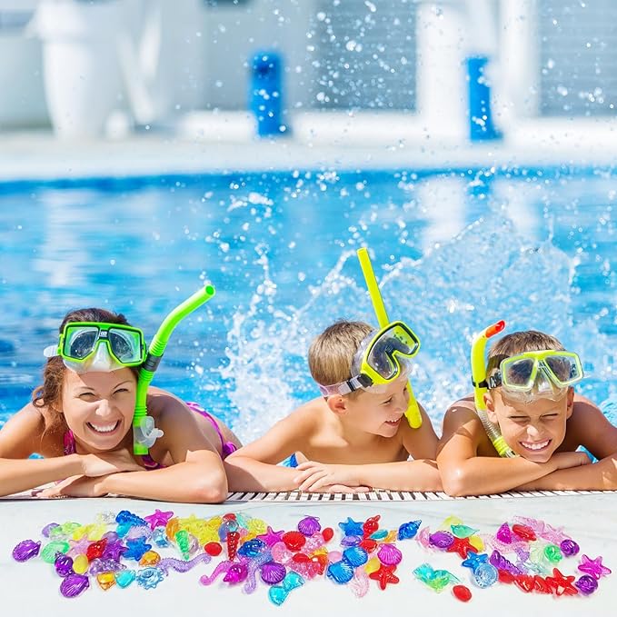 100+ Pcs Sea Shell Ocean Sensory Bin Filler, Diving Gem Pool Toys for Kids, Mini Acrylic Plastic Seashells Animals Figurines Decorating, Little Mermaid Party Favors, 15 Colors 12 Styles