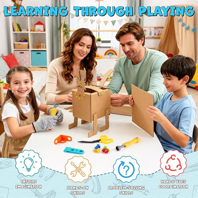 196 PCS Cardboard Cutter for Kids, Reusable Safe Cardboard Tools for Kids with Box, Gloves, Screws, Connectors, Screwdrivers, Saws, Educational Toys for 5 6 7 8 Year Old, Birthday Gift for Boys Girls