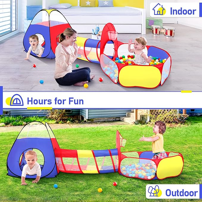 PigPigPen 3 in 1 Kids Play Tent with Play Tunnel, Ball Pit, Basketball Hoop for Boys & Girls, Toddler Pop Up Playhouse Toy for Baby Indoor/Outdoor, Gift for Year Old Child (Colorful 3pc Play Tent)
