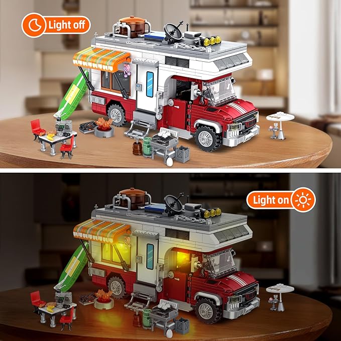 Camper Van Building Set, Compatible with Rvs Camper Vehicles, Summer Beach Holiday Camping Car Building Toy with Light, Gift for Adults and Boys Girls Kids Teens 8-12 (924 PCS)