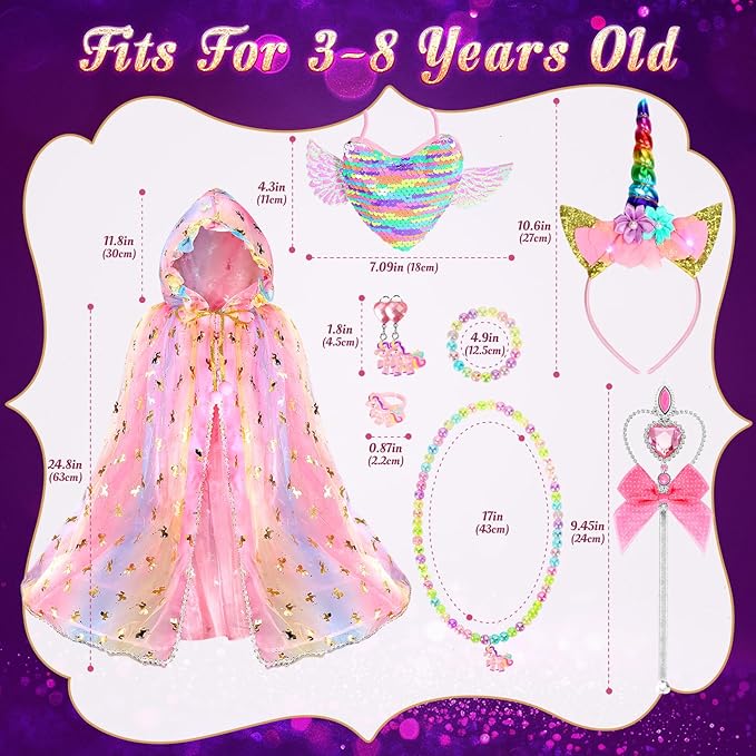 Fedio Princess Dress up for Girls,Unicorn Light up Princess Cape Set,Light up Princess Dress with Unicorn Toys for Girls 3-8 Halloween