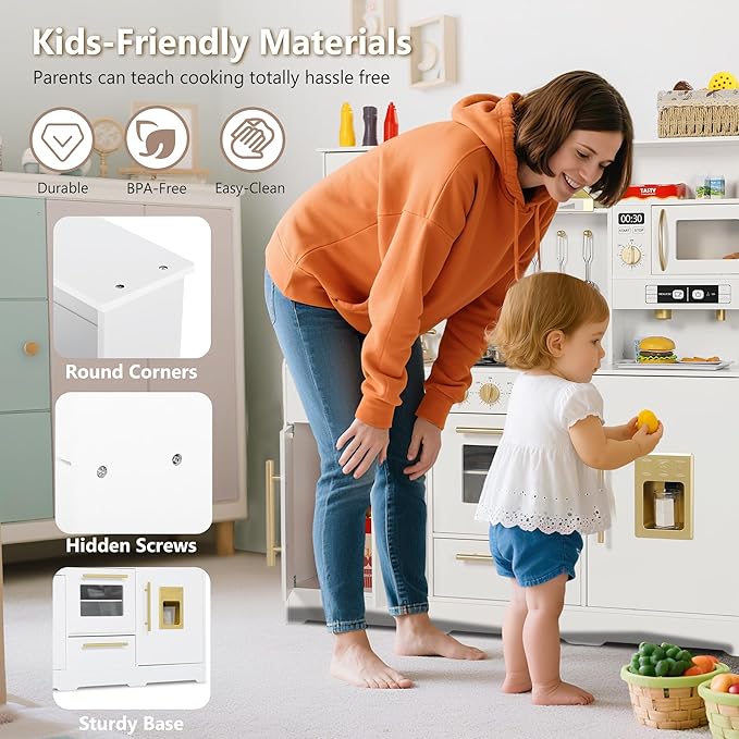 Kinder King Wooden Kids Play Kitchen, Toy Kitchen Playset for Toddler, Play Kitchen Set w/Real Sounds, Pretend Coffee Machine, Kitchen Hood, Sink, Ice Maker, Gift for Boys Girls Age 3+, White