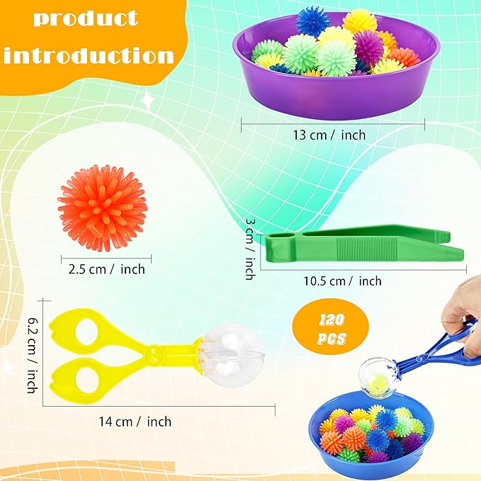 141 Pieces Fine Motor Toy Counting Sorting Sensory Bin Filler Include 6 Colorful Sorting Cup 10 Tweezers 5 Bear Ball Clip 120 Hedge Balls for Kid Early Skill Education