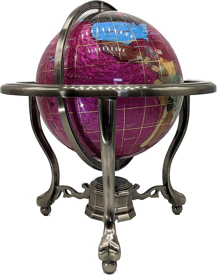 Limited Edition! Unique Art Since 1996 Pink Pearl Swirl Table Top Gemstone World Globe with Tripod Silver Zinc Alloy Stand (220MM/9 INCHES/PINK PEARL)