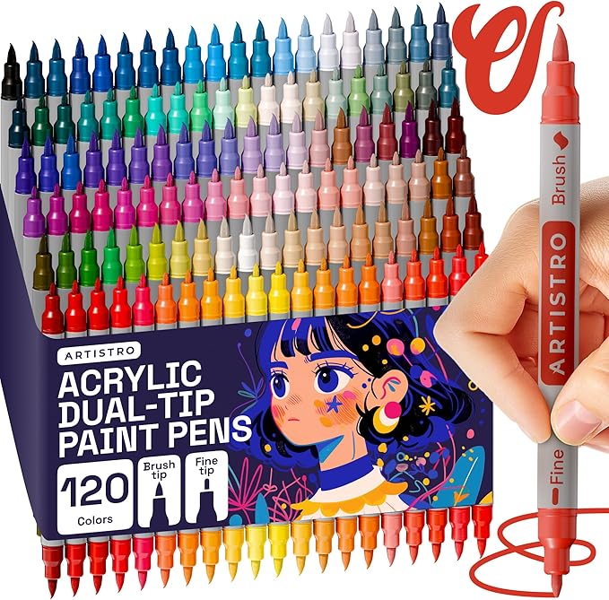 ARTISTRO 120 Dual Tip Brush + Fine Acrylic Paint Pens Ideal for Calligraphy - Paint Markers for Fabric, Rock, Glass, DIY - Stocking Stuffers, Christmas Gift Idea for Teens, Grandkids, Kids