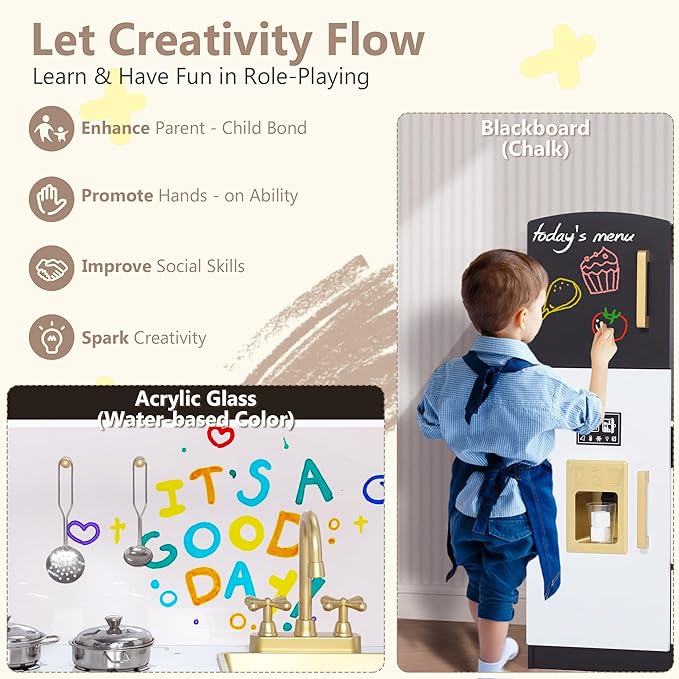 Kinder King Wooden Kids Play Kitchen, Toy Kitchen Playset for Toddler, Play Kitchen Set w/Blackboard, Transparent Coloring Board, Pretend Dishwasher, Oven, Ice Maker, Gift for Boys Girls Age 3+, Black
