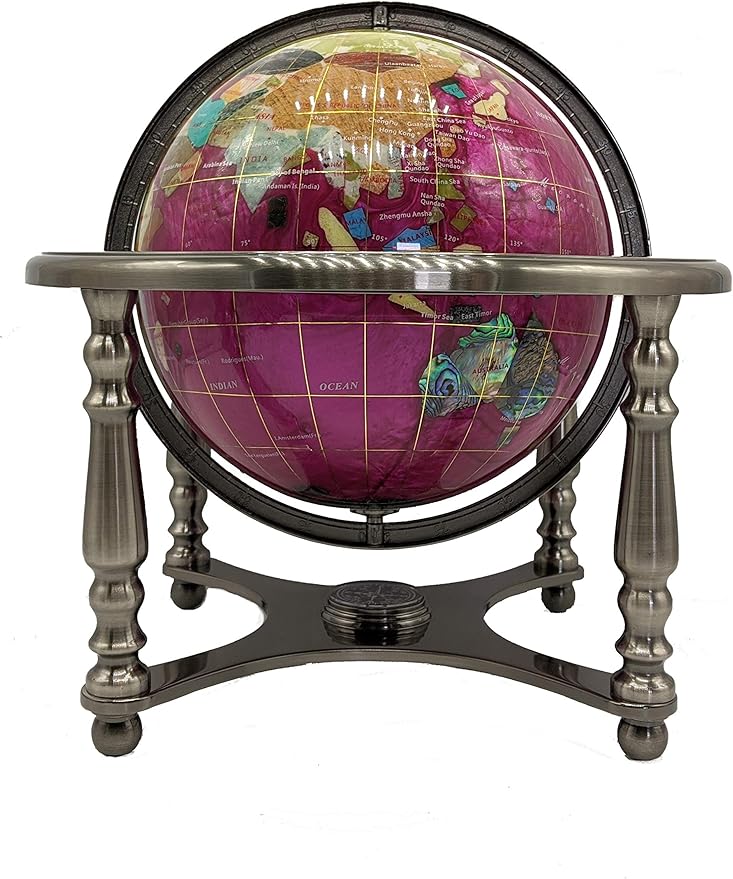Limited Edition! Unique Art Since 1996 Pink Pearl Swirl Table Top Gemstone World Globe with Silver Zinc Alloy Stand (220MM/9 INCHES 4 LEG/PINK PEARL)