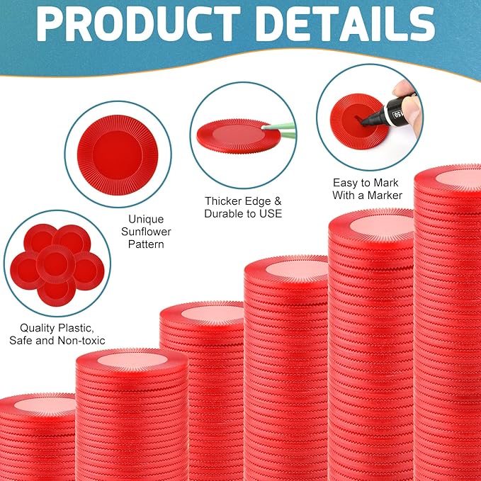 Coopay 600 Pieces Plastic Poker Chips Bingo Chip Bulk Learning Counters Disks Poker Card Game Counting Markers for Math Practice, Game Tokens and Teaching Rewards, 38 mm/ 1.5 Inches (Red)