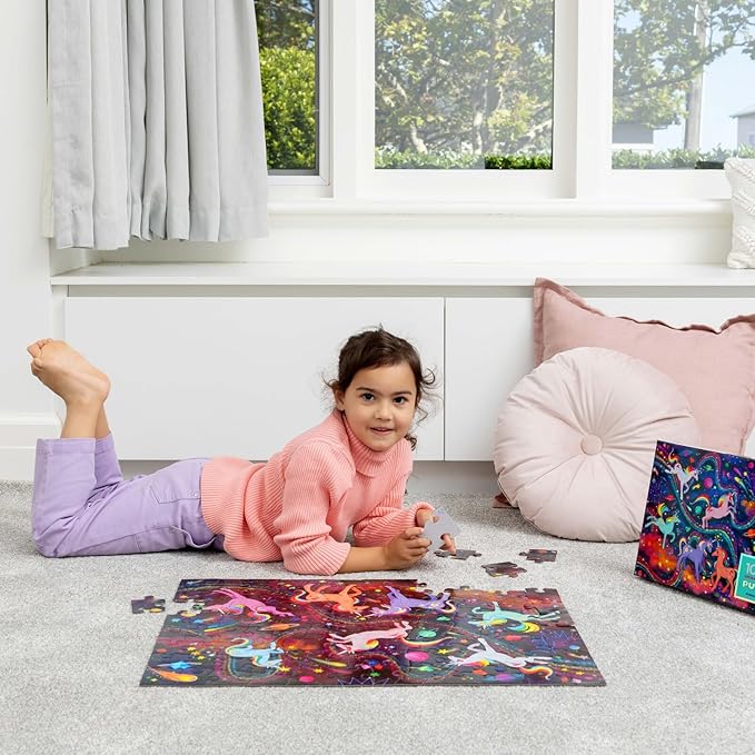 Crocodile Creek 100-Piece Jigsaw Puzzle for Kids Ages 5 and Up - Fun and Educational Table or Floor Holographic Foil Puzzle - Heavy-Duty Box for Storage - Unicorn Galaxy - 24" x 18" Finished