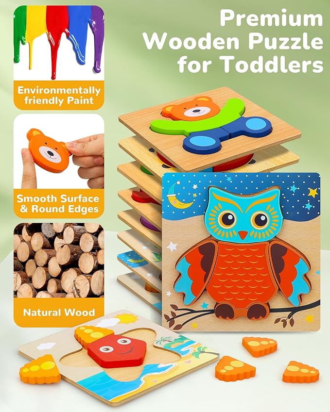 TOY Life Wooden Puzzles for Toddlers 2-4, 8 Pack Animal Puzzles for Kids Toddler 1-3, Montessori Toys for 1 2 3 Year Old, Educational Toys for Boys Girls Age 2 3 4 5, Baby Learning Toy Gifts