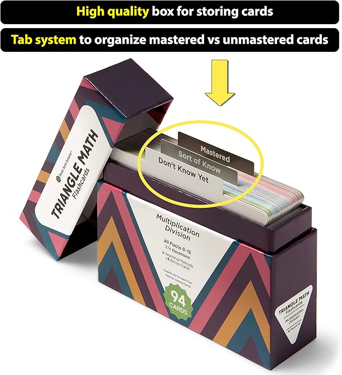 Think Tank Scholar Triangle Multiplication & Division Flash Cards Set (376 Math Equations), All Facts 0-12 - Color Coded, for Kids in 3RD, 4TH, 5TH & 6TH Grade - Has Three Corners