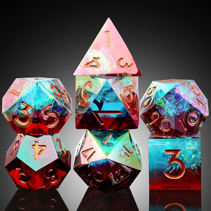 Iridescent Plating Sharp Dice, DNDND Handmade DND Resin Sharp Edge D&D Die with Gift Case for Dungeons and Dragon Tabletop Games (Iridescent Plating Red & Blue)