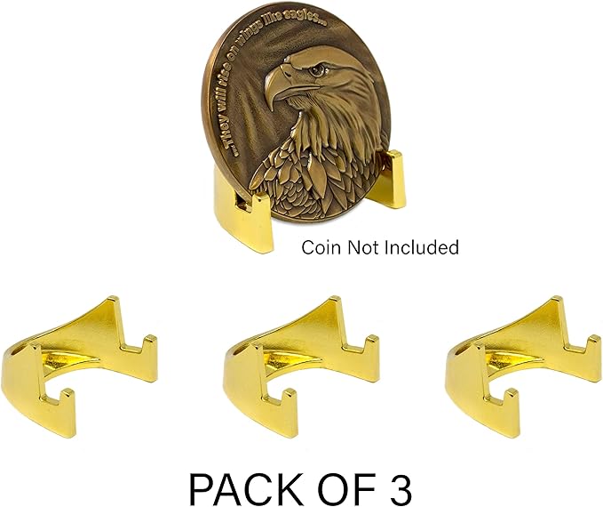 LOGOS COINS Challenge Coin Display Stand (3 Pack) - Sturdy Military Holder With Shining Gold Finish, No Tip and No Assembly Required Token Medallion Holder, 5mm Half Easel Stand