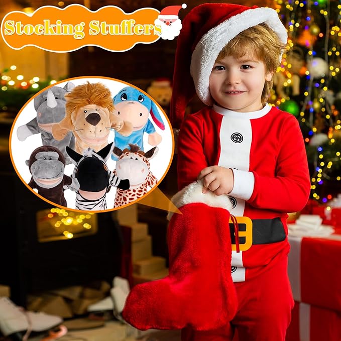 6Pcs Hand Puppets for Toddlers - Stuffed Animal Puppets for Kids, Including Lion, Zebra, Gorilla, Giraffe, Rhino and Donkey for Puppet Show Theater, Stocking Stuffers for Kids