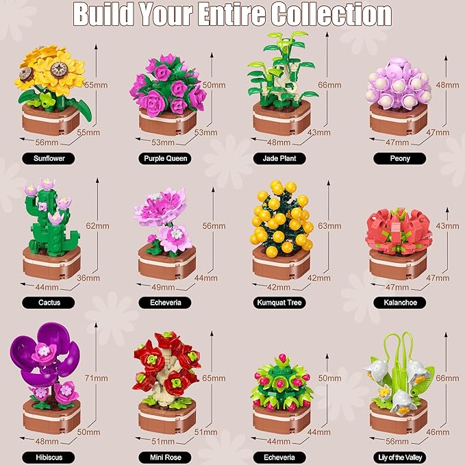 Flowers Bouquet Building Set, 1001 PCS Botanical Collection with Roses, Sunflowers etc. 12 Pack Mini Bonsai Block Toy, Gift for Kids 6+ & Adults for Christmas, Mother's Day, Valentine's Day