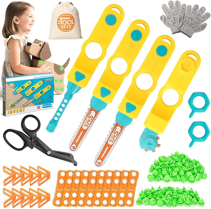 Cardboard Cutter Tools for Kids, Cardboard Construction Kit for Age 5 6 7 8+, Creative STEM Educational Toys for Family, Team Activities, Classroom Learning, Birthday for Boy Girl