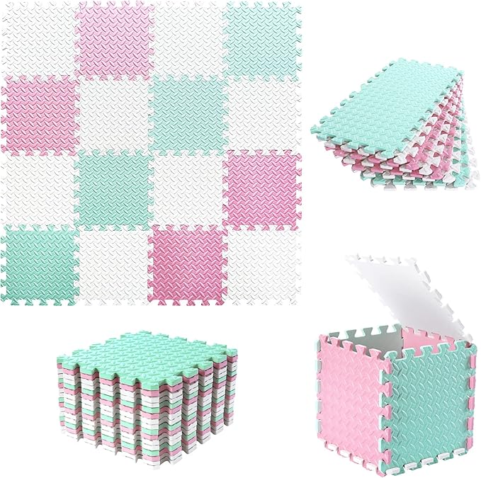 Foam Play Mat for Baby, 0.4 Inch Thicked Interlocking Floor Mats with Solid Colors, Squares Non-Toxic Baby Play Mat, EVA Foam Puzzle Floor Mats for Toddlers, 16 Tiles(White/Pink/Bean Green)