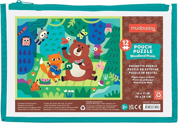 Mudpuppy Woodland Picnic – 12 Piece Puzzle with Reusable Zipper Pouch Featuring Colorful and Fun Illustrations of Forest Animals Perfect for Easy Storage and Travel