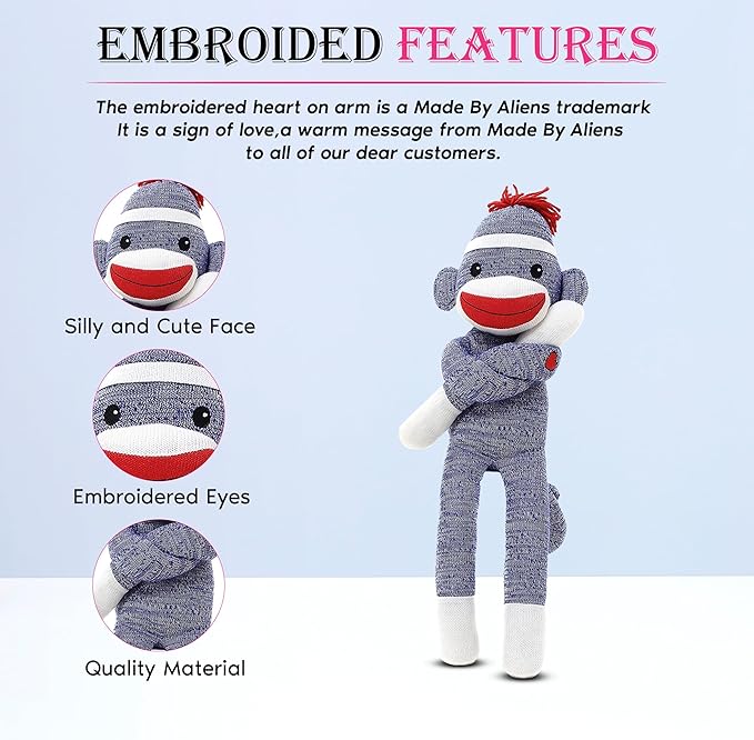 Adorable Sock Monkey, The Original Traditional Hand Knitted Stuffed Animal Toy Gift-for Kids, Babies, Teens, Girls and Boys Baby Doll Present Puppet (20" Blue)