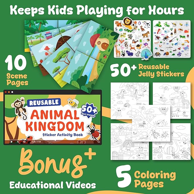 Excool Club 10 Pages Reusable Jelly Stickers for Toddlers - Waterproof Reusable Sticker Book for Kids, Easy to Clean Removable Animal Stickers for Kids, Sticker Books for Toddlers