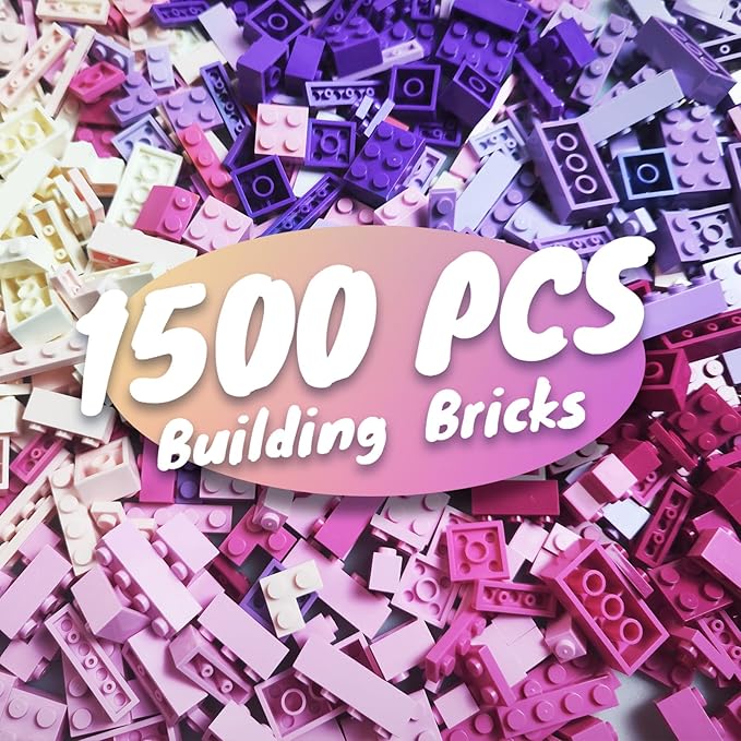 1500 Pieces Building Bricks, Building Bricks Set for Girls Age 6-7-8-12, Classic Bulk Small Blocks, Blocks Set (Pink Purple White)