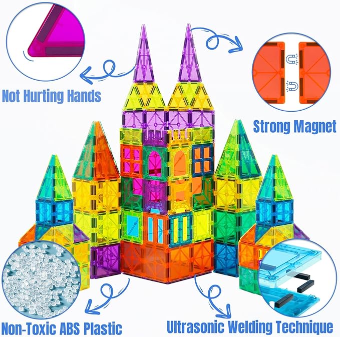 Bmag 130PCS Magnetic Tiles Building Blocks with 2 Cars | 3D Clear Magnet Blocks | STEM Preschool Toys for 3-9+ Kids | Christmas & Toddler Gift | Compatible with Major Brands