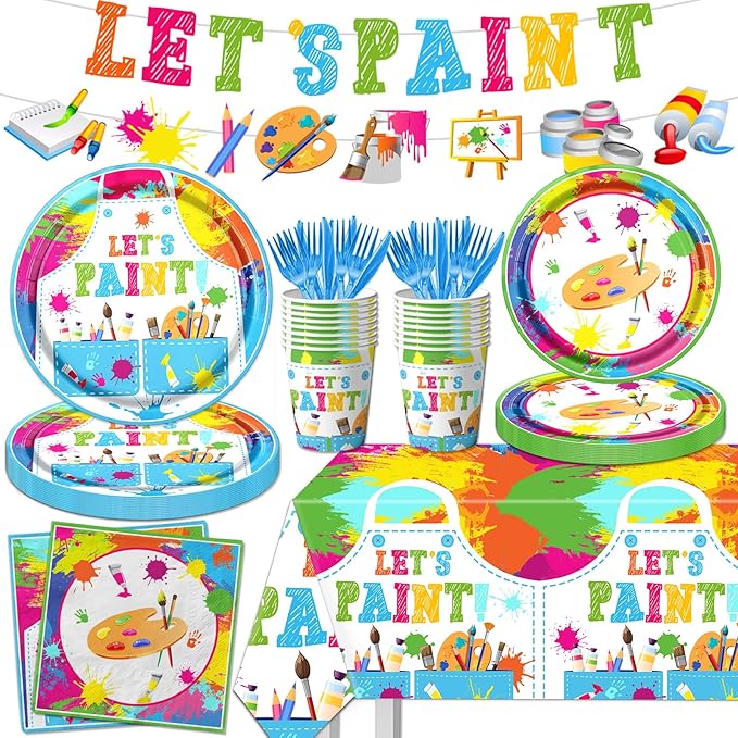 Paint Party Supplies, 142 Pcs Art Paint Party Tableware Set Include Paint Party Plates and Napkins,Art Tablecloths,Paint Banner,Cups,Art Birthday Party Decorations for Kid, Teens and Adults,Serves 20