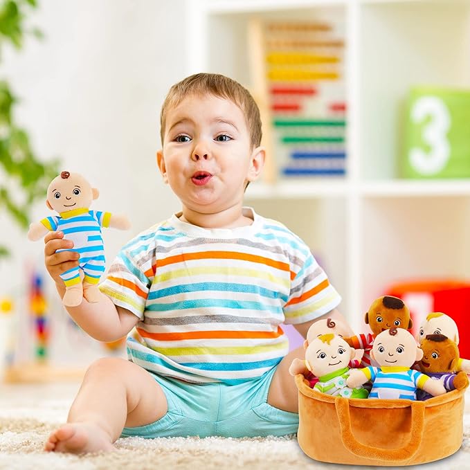 Basket of Babies Plush Dolls, 8" Plush Diversity Baby Dolls- 6 Piece Set Interchangeable Clothes Stuffed Plush Figures for All Ages Easter Gift