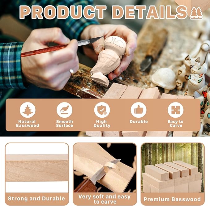 Basswood Carving Blocks, 18 Unfinished Wood Pieces, Whittling Blocks with 2 Sizes