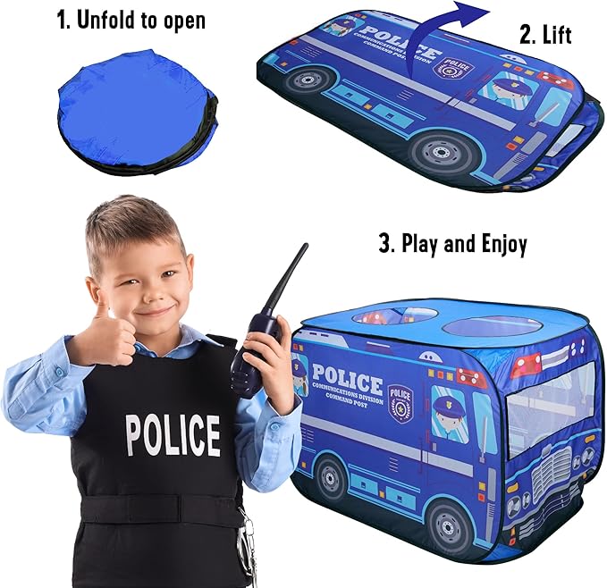 Playbees Police Car Pop Up Play Tent with Sound Button Super Hero Playhouse for Interactive Fun Play Toys & Gifts for Kids Toddlers Boys Girls Pop Up Car Tent Foldable Quick Setup - Indoor & Outdoor