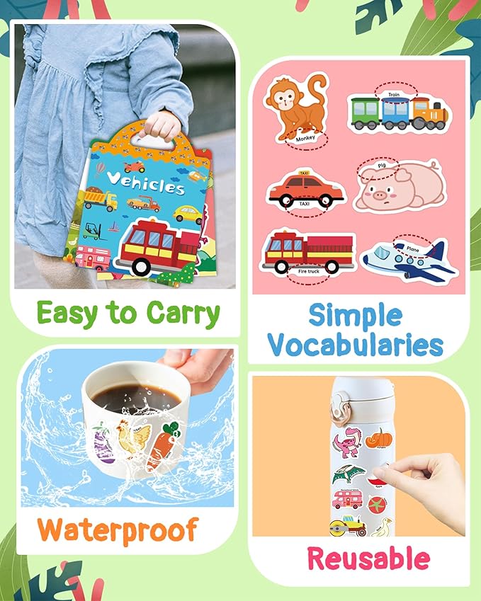 Benresive Reusable Sticker Book for Toddlers 2-4 Years, 3 Sets Travel Stickers for Kids, Waterproof Sticker Books for Toddlers 1-3, Crafts Activities for Todddlers 1-3 2-4 3-5