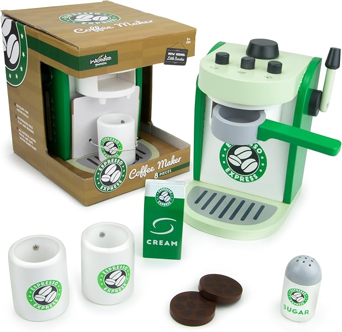 Imagination Generation Espresso Express Coffee Maker Playset, with 2 Cups, 2 Pods, 1 Portafilter, 1 Coffee Maker, Cream & Sugar (8 Pcs)