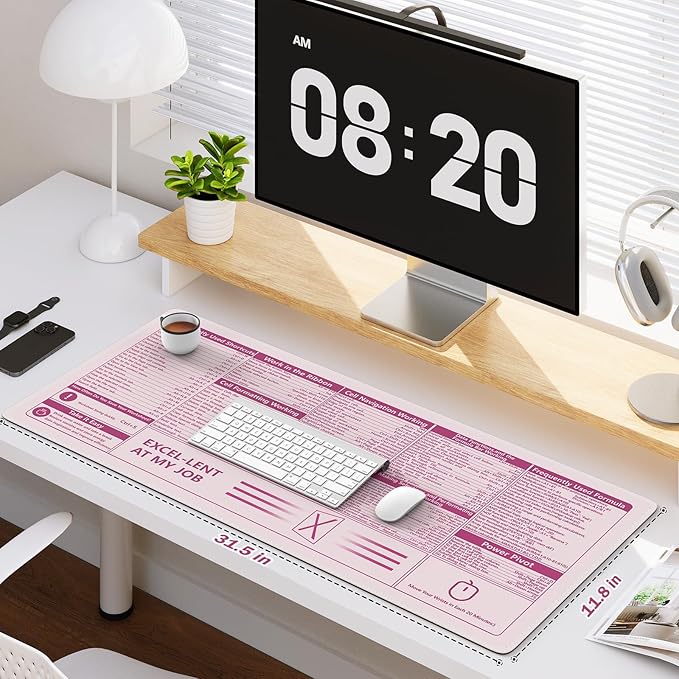 Excel Mouse Pad，Excel Cheat Sheet Desk Pad，Office Power Point Excel Word Shortcut Keys, Gaming Mouse Pad, Non-Slip Rubber Base Mousepad, Stitched Edges, 31.5x11.8 inch for Home Office